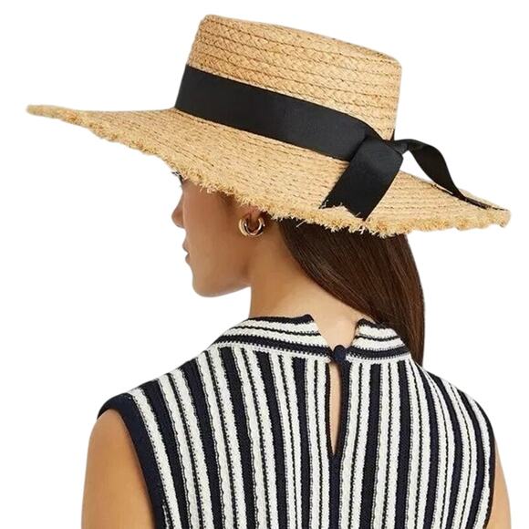 Lack of Color The Ventura Straw Raffia Fringe Wide Brim Boater Hat Black Ribbon - Picture 3 of 15